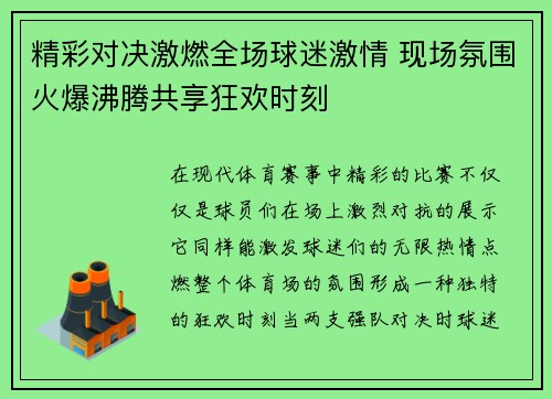 精彩对决激燃全场球迷激情 现场氛围火爆沸腾共享狂欢时刻