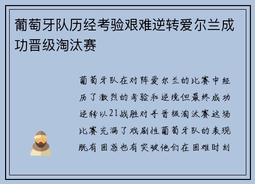 葡萄牙队历经考验艰难逆转爱尔兰成功晋级淘汰赛